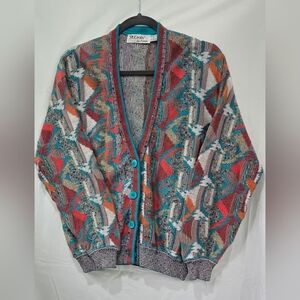 La Femme Multicolor Geometric Knit Cardigan with Teal Buttons